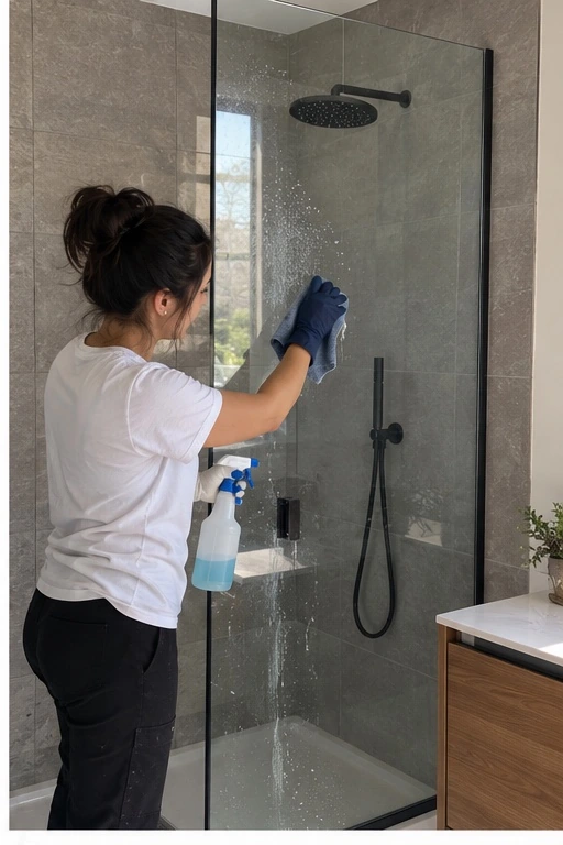 Cleaner in a white uniform and blue gloves carefully cleaning shower glass