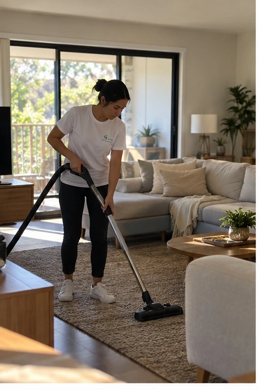 Cleaner vacuuming a living room